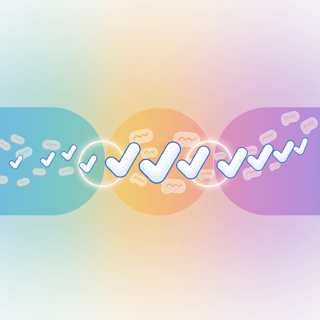 Illustration of checkmarks and review notes flowing through approval stages