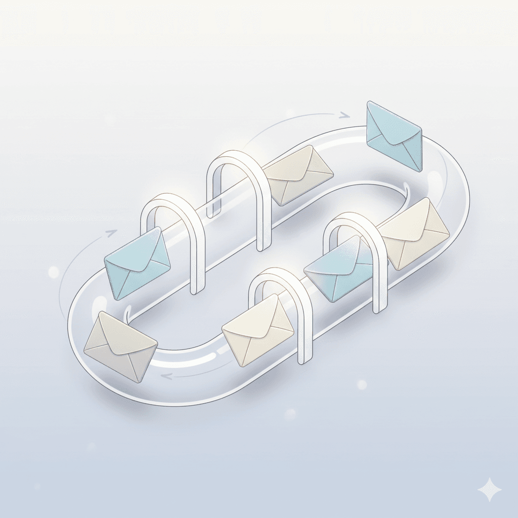 Illustration of envelopes moving through a calm pipeline